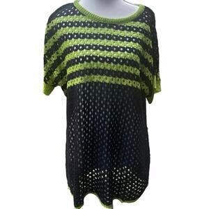 Striped Navy Lime Crochet Open Weave Lightweight Preppy Short Sleeve Sweater